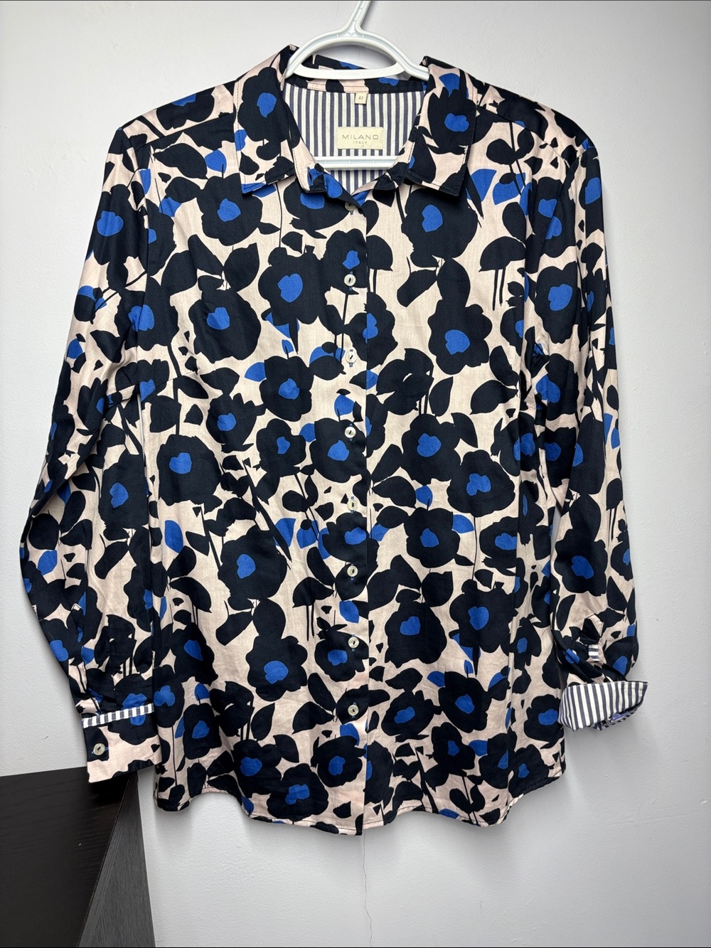 Milano Cream Button-Down Shirt with Black & Blue Floral Print